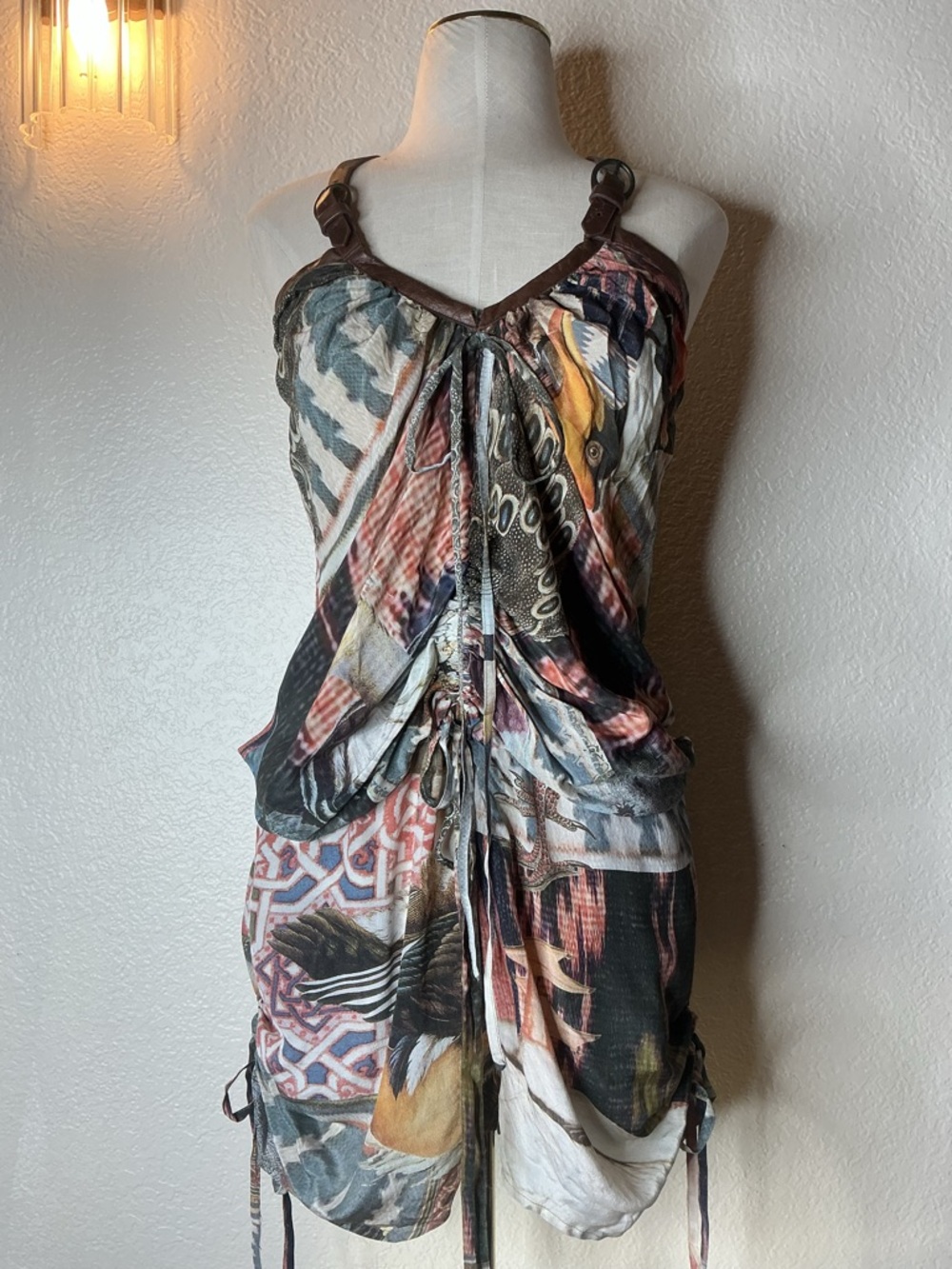 All Saints SpiritualFields Multi-Color Boho Print and leather straps shorts.